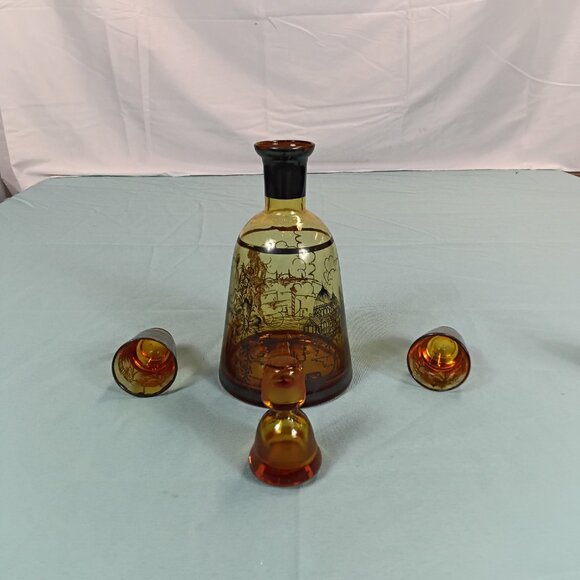 E3-7 Venetian Amber Glass Decanter and Glasses - Picture 3 of 6